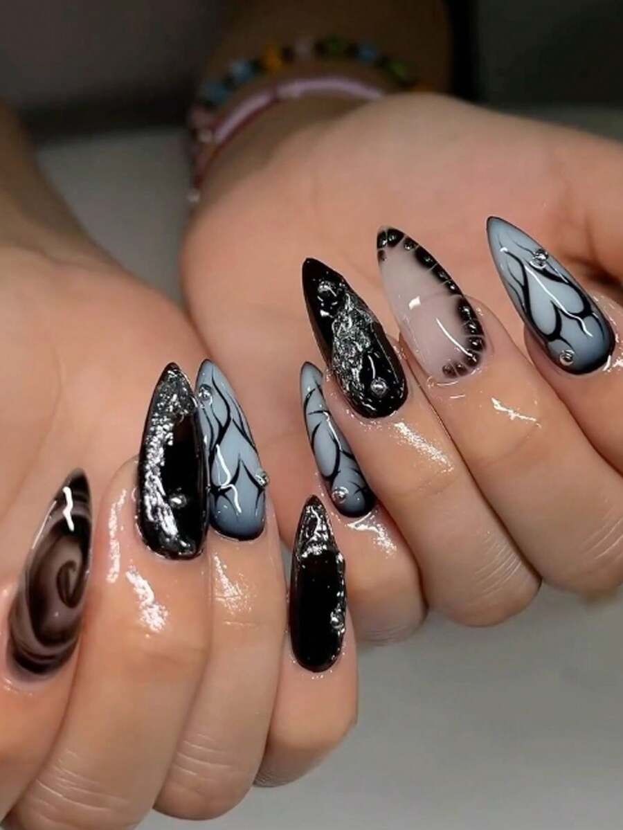 Faux ongles autocollants amande dégradé rose et blanc avec fleurs 3D et perles, set manucure 24 pièces avec vernis gel et lime – TOUT POUR MOI