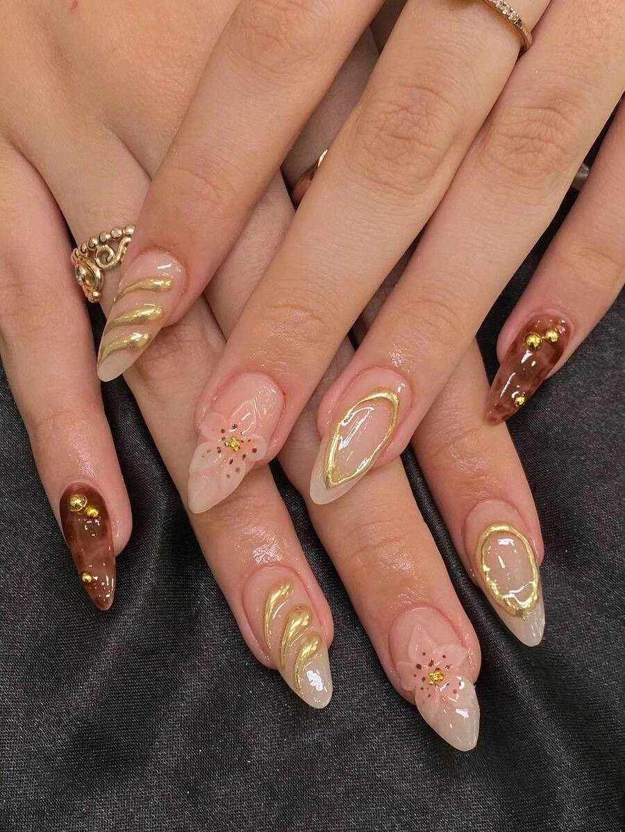 Faux ongles autocollants amande dégradé rose et blanc avec fleurs 3D et perles, set manucure 24 pièces avec vernis gel et lime – TOUT POUR MOI