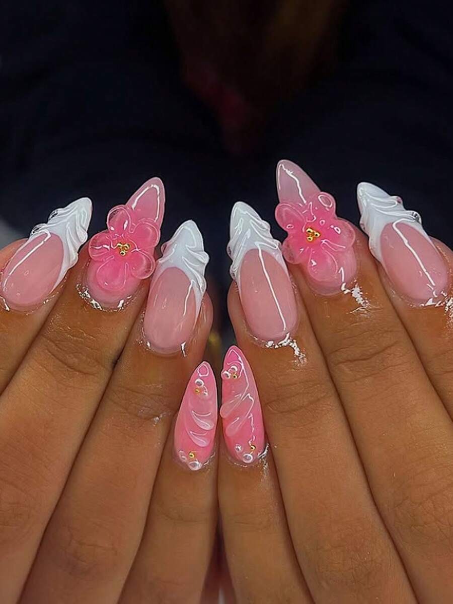 Faux ongles autocollants amande dégradé rose et blanc avec fleurs 3D et perles, set manucure 24 pièces avec vernis gel et lime – TOUT POUR MOI