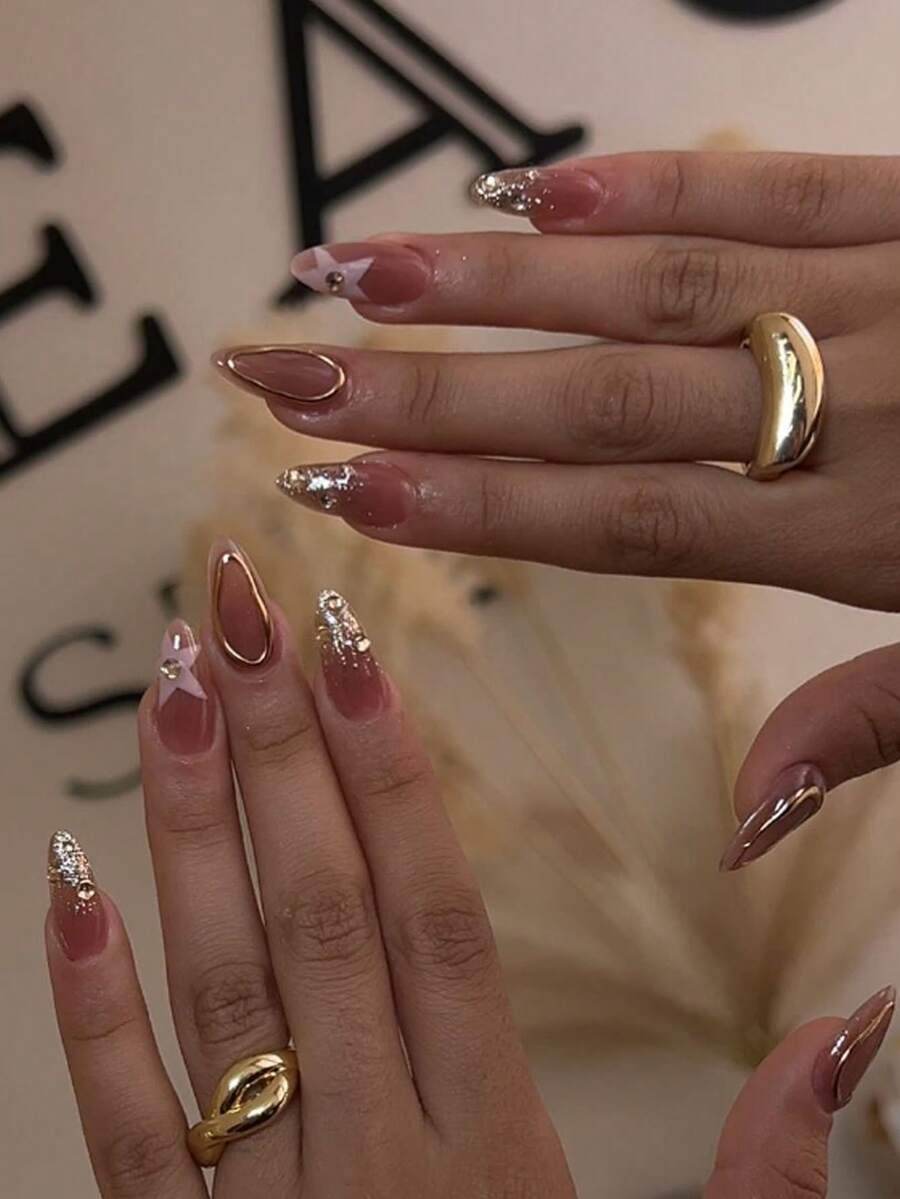 Faux ongles autocollants amande dégradé rose et blanc avec fleurs 3D et perles, set manucure 24 pièces avec vernis gel et lime – TOUT POUR MOI