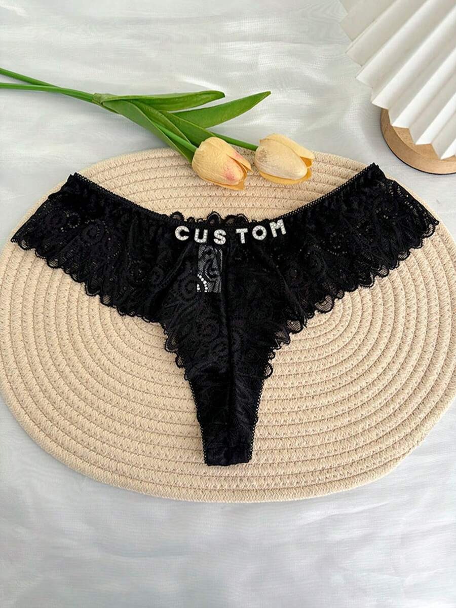 Tanga personnalisé avec nom en cristaux pour femme, culotte bikini sexy noire avec dentelle – boutique TOUT POUR MOI
