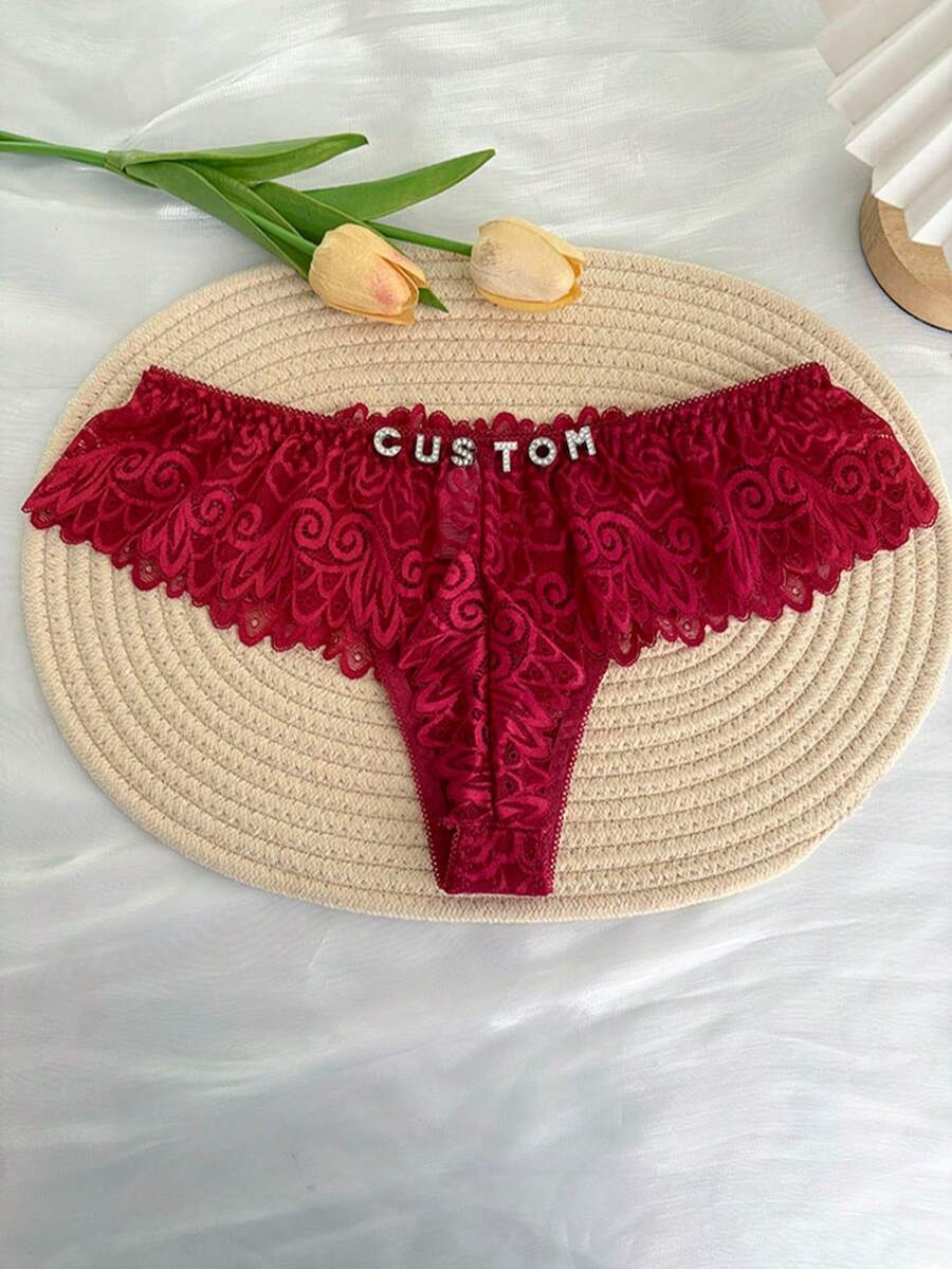 Tanga personnalisé avec nom en cristaux pour femme, culotte bikini sexy rouge ou noire avec dentelle – boutique TOUT POUR MOI