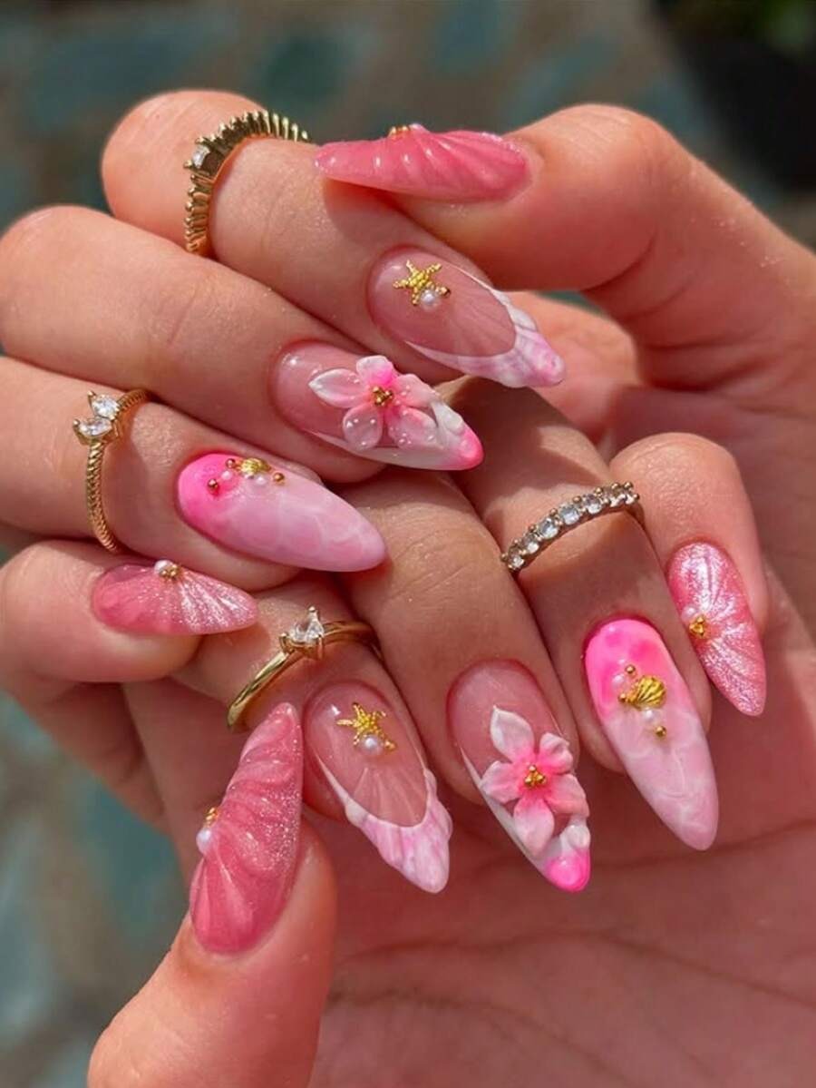 Faux ongles autocollants amande dégradé rose et blanc avec fleurs 3D et perles, set manucure 24 pièces avec vernis gel et lime – TOUT POUR MOI